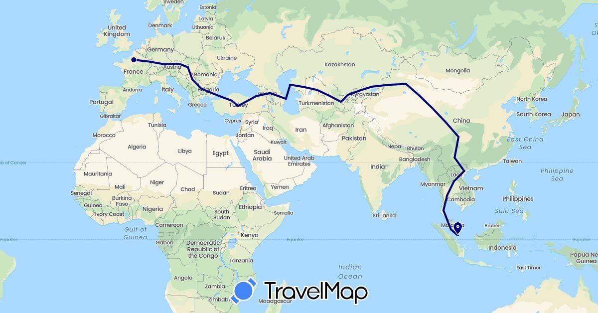 TravelMap itinerary: driving in Austria, Azerbaijan, Bulgaria, China, Germany, France, Georgia, Hungary, Kazakhstan, Laos, Malaysia, Serbia, Singapore, Thailand, Turkey, Uzbekistan, Vietnam (Asia, Europe)